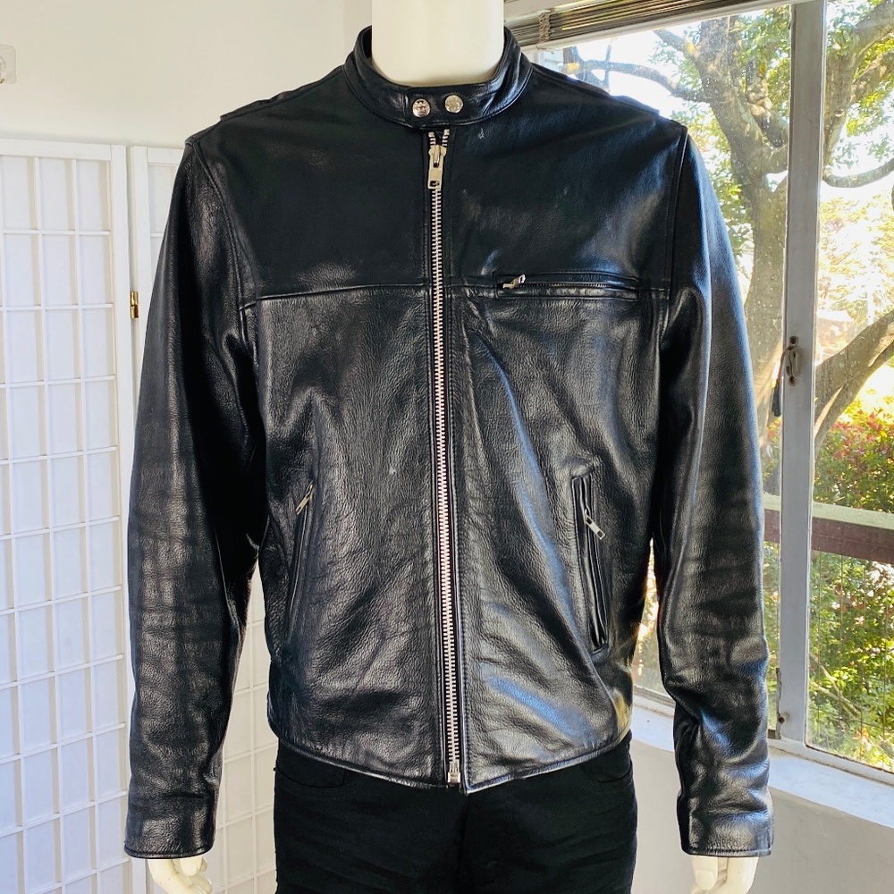 Highway One, Mens Black Leather Motorcycle jacket, L.